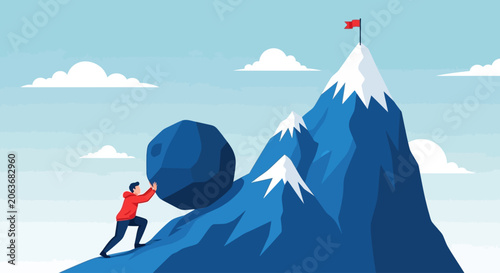 Foto Man pushing boulder up mountain, determination and perseverance concept, busines