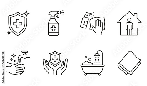 Tableau sur toile Hygiene and disinfection outline icons set isolated on white background thin lin