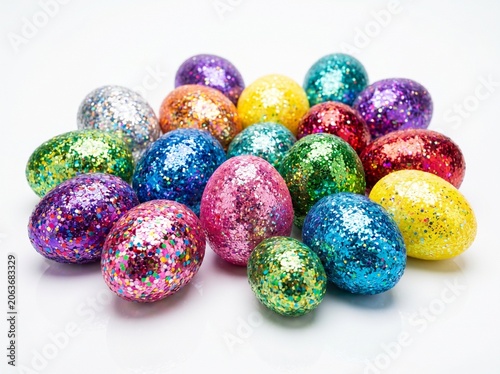 Group of sparkling glitter covered Easter eggs in vibrant colors isolated on white