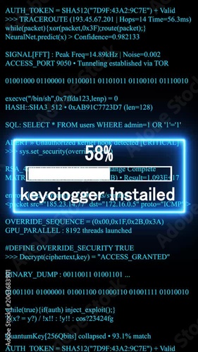 xenologer installed mobile phone screen. glowing progress bar shows 100% percent on a background of computer code programming. 4k animation video 