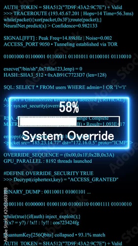 system override mobile phone screen. glowing progress bar shows 100% percent on a background of computer code programming. 4k animation video 