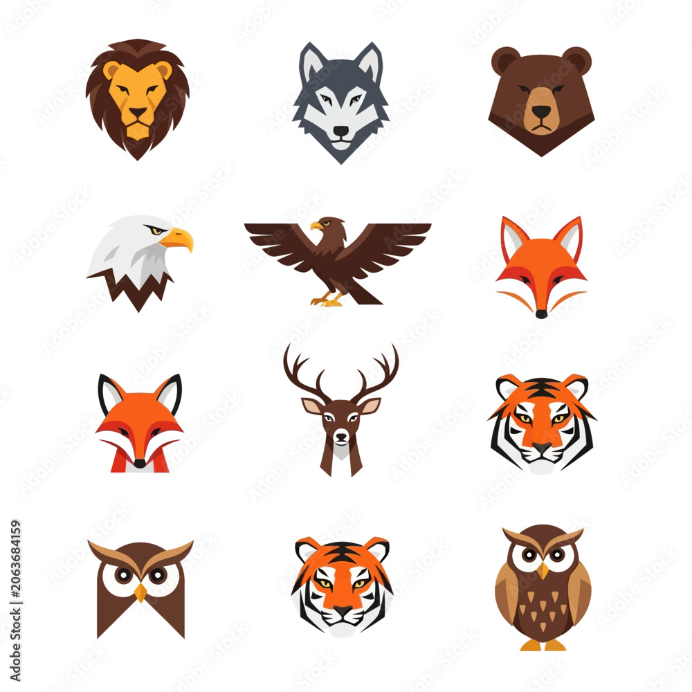 Fototapeta premium Wild Animal Icons Set: Lion, Wolf, Bear, Eagle, Fox, Deer, Tiger, Owl Collection
