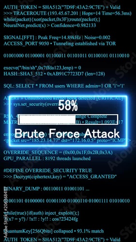 brute force attack mobile phone screen. glowing progress bar shows 100% percent on a background of computer code programming. 4k animation video 