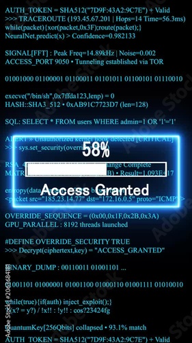 access granted mobile phone screen. glowing progress bar shows 100% percent on a background of computer code programming. 4k animation video 