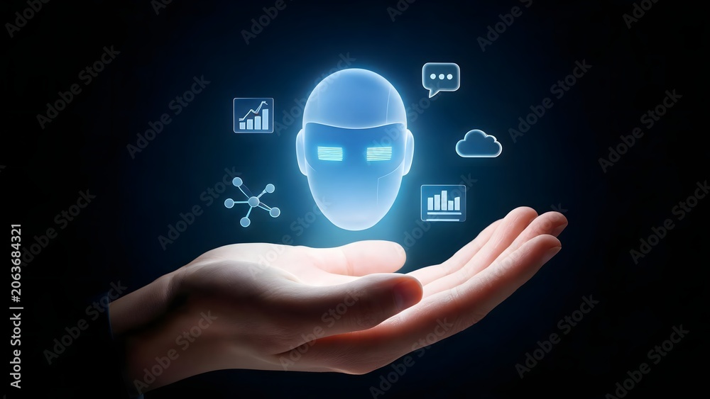 Fototapeta premium Human hand holding glowing AI head