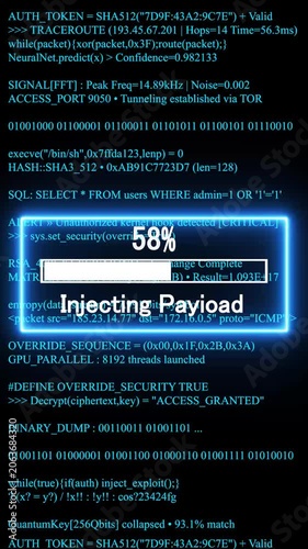injecting payload mobile phone screen. glowing progress bar shows 100% percent on a background of computer code programming. 4k animation video 