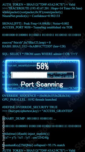 port scanning mobile phone screen. glowing progress bar shows 100% percent on a background of computer code programming. 4k animation video 
