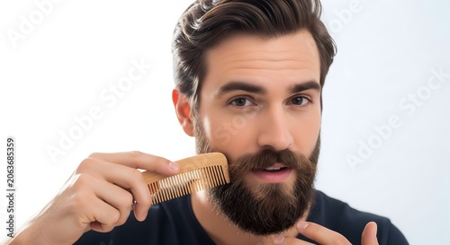Handsome bearded man grooming his beard with a wooden comb at home