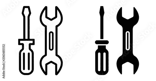 Minimalist outline and solid black tool icons of screwdriver and wrench for repair, maintenance and construction concepts
