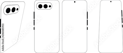Minimalist smartphone vector mockup set, mobile phone line art templates, front and back view cellphone wireframe icons for app design and UI presentation