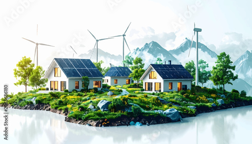 Sustainable living environmentally friendly houses with solar panels and wind turbines on a hill surrounded by nature