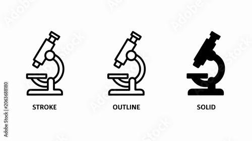 Microscope Icons In Three Styles Stroke Outline And Solid Black biology science laboratory research instrument optics magnification analysis study flat icon pictogram graphic vector design