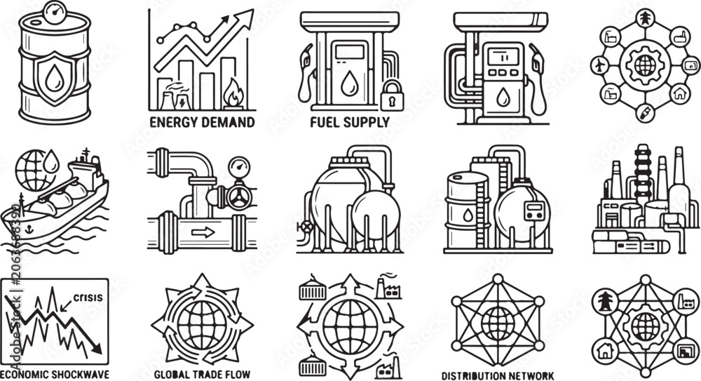 Obraz premium Energy Market Icons – Global Resource Economy Vector Set