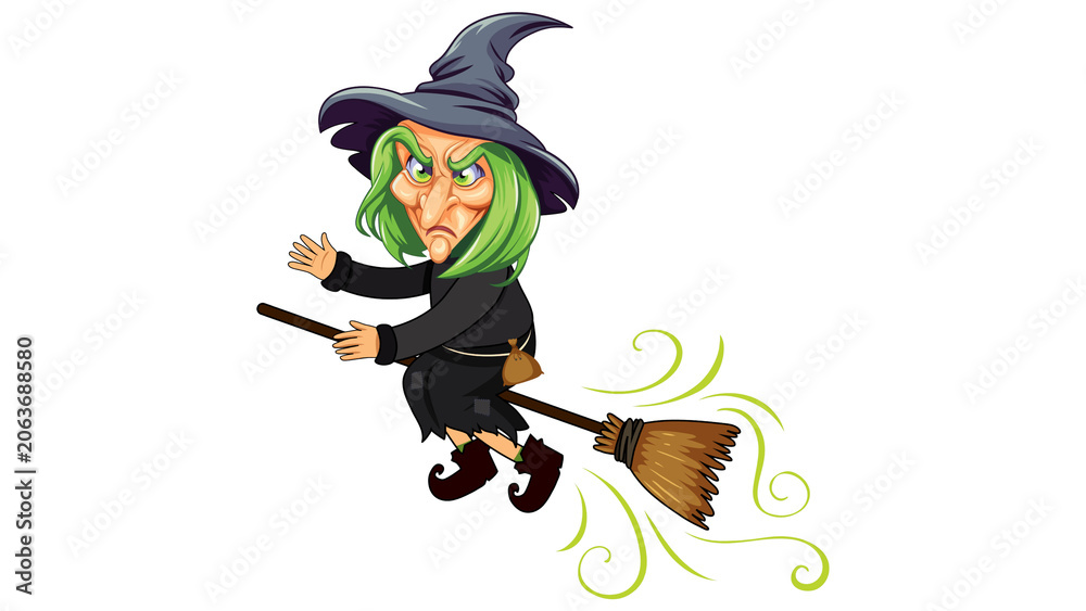 Obraz premium Detailed scary old witch character flying on a broomstick