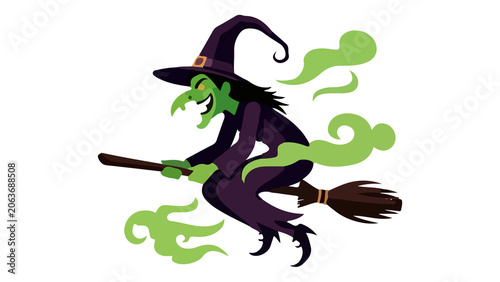 Obraz na plátně Green wicked witch flying on a magic broomstick cartoon