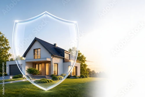 A beautiful contemporary family home glowing at sunset, protected by a large transparent glass shield on the left side, leaving a clean white gradient background for text.