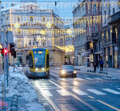 Winter Tram Street in Sarajevo with Festive Lights