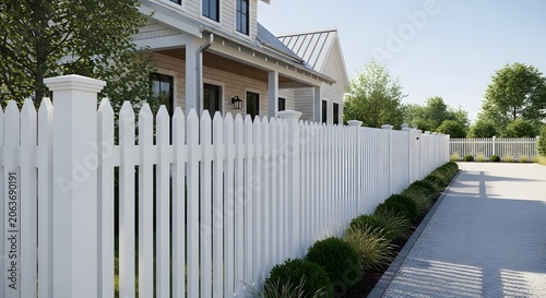 A classic white picket fence surrounding a beautiful suburban house with landscaping.