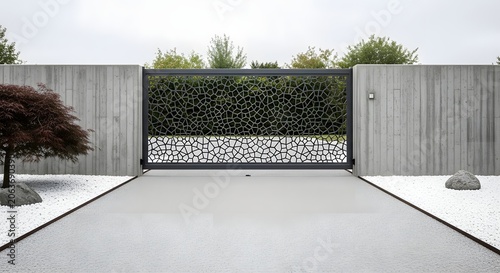 Modern sliding gate with intricate geometric metal pattern in a minimalist residential driveway.
