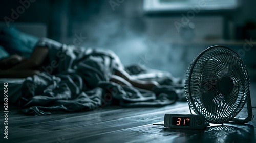 Schlafzimmer mit Ventilator während einer tropischen Nacht bei 31 Grad Celsius