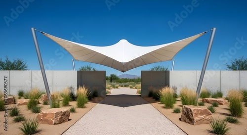 Modern architectural tensile fabric structure providing shade over a desert garden walkway.