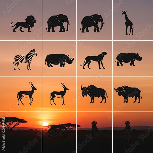 Zebra and antelope silhouettes against colorful backgrounds.