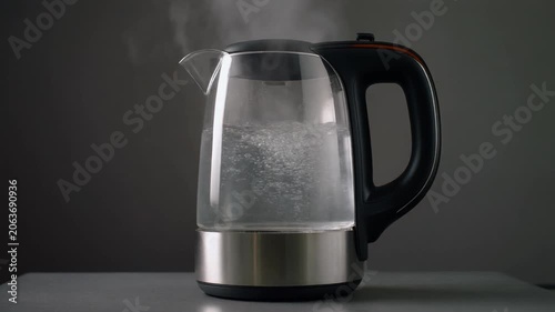 Electric kettle boiling water with steam.