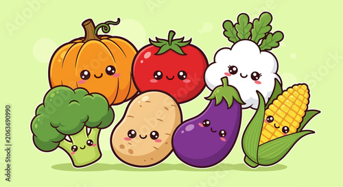 Cute Kawaii Vegetables Group, Healthy Food Characters, Cartoon Style