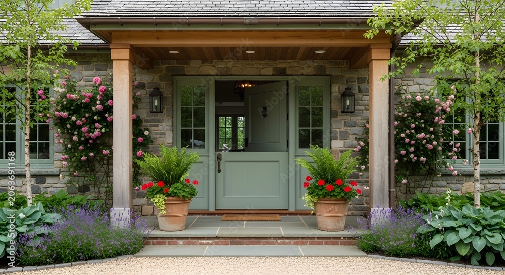 Obraz premium A charming stone house entrance with a light green Dutch door, potted plants, and beautiful garden landscaping.