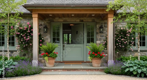 A charming stone house entrance with a light green Dutch door, potted plants, and beautiful garden landscaping.