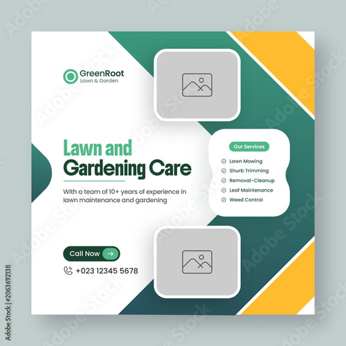 Lawn and gardening services social media post and web banner design template