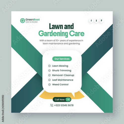Lawn and gardening services social media post and web banner design template
