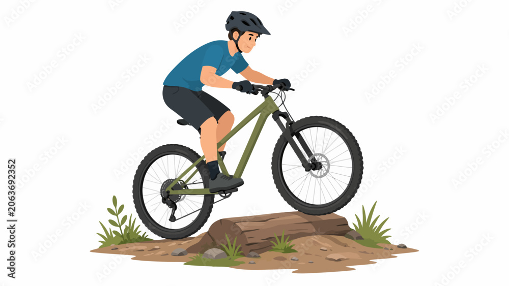Naklejka premium Active man mountain biking over rocks on an outdoor nature trail