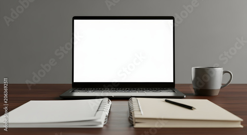 Modern Minimalist Workspace with Laptop Screen Mockup Notebooks and Coffee Mug on Dark Wooden Desk Tabletop