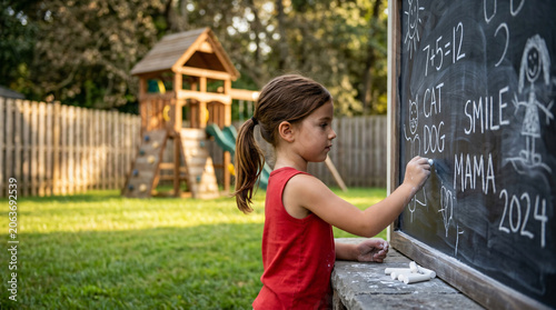 Young girl writing on chalkboard outdoors in backyard
