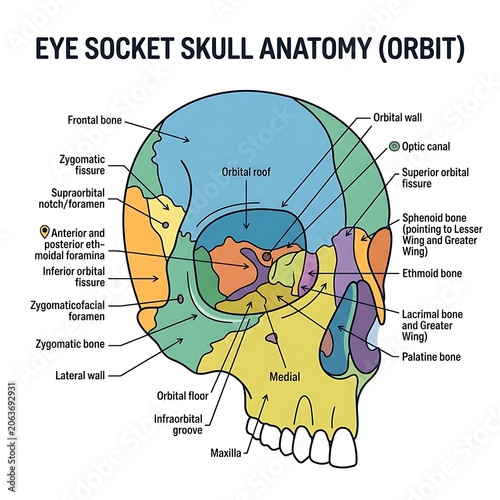 Detailed diagram of human eye socket skull anatomy.