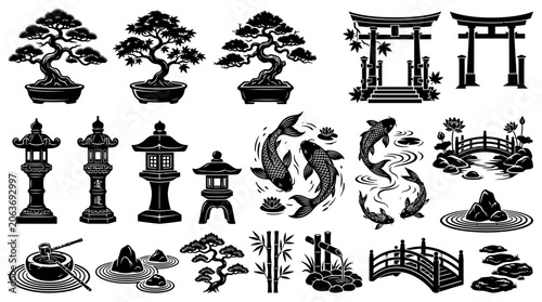 Japanese garden decorative black icons set.