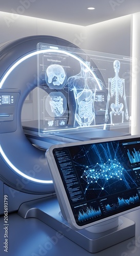 Futuristic MRI scanner with holographic human anatomy display