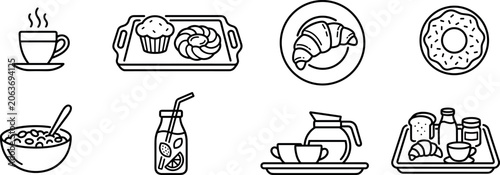 Foto Cafe bakery breakfast and morning coffee pastry food line icon set featuring tra