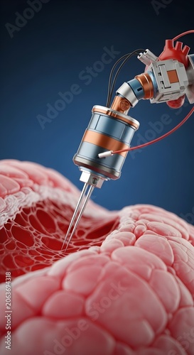 Robotic arm with needle inserts into pink biological tissue