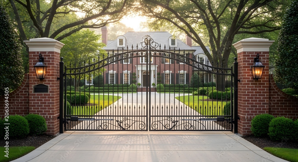 Naklejka premium A grand brick mansion with an ornate wrought iron gate and a long driveway, framed by mature trees.