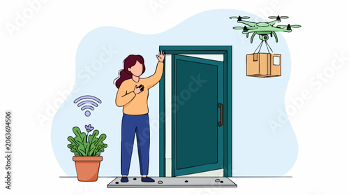 Canvastavla Futuristic drone delivery service bringing package to woman at home