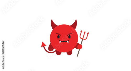 Quadro su tela Cute Red Devil Character with Horns and Trident on White Background