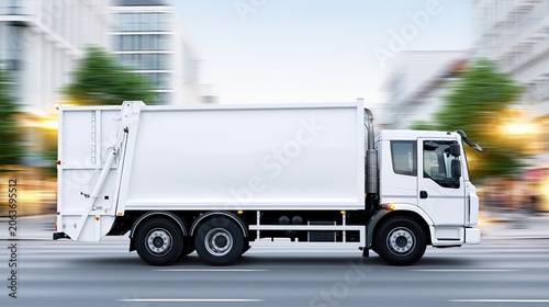 Rubbish truck in motion on a city street, showcasing a clean white exterior with a side view of the waste collection vehicle, surrounded by blurred urban buildings and greenery in the background