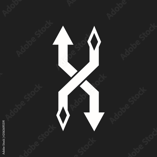 Abstract white intertwining arrows symbol on black background.