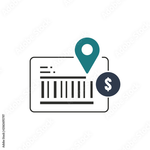 Abstract icon depicting a credit card with a barcode and location pin beside a dollar sign indicating financial transaction