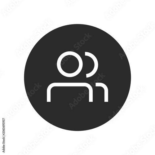 Simple minimalist white twoperson icon outline on a dark circular background representing teamwork