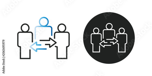 Two stylized icons representing people in communication or transfer of information with arrows indicating interaction between them