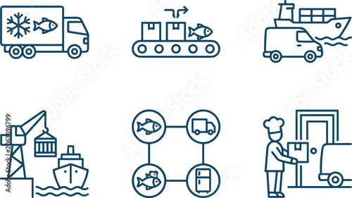 Photos Cold chain logistics and frozen seafood delivery line icon set featuring refrigerated transport, conveyor sorting, cargo shipping and doorstep courier service