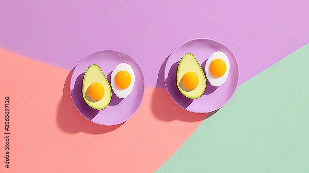Fototapeta premium Halved avocados and hard boiled eggs on two purple plates against a split colorful pink purple and green background